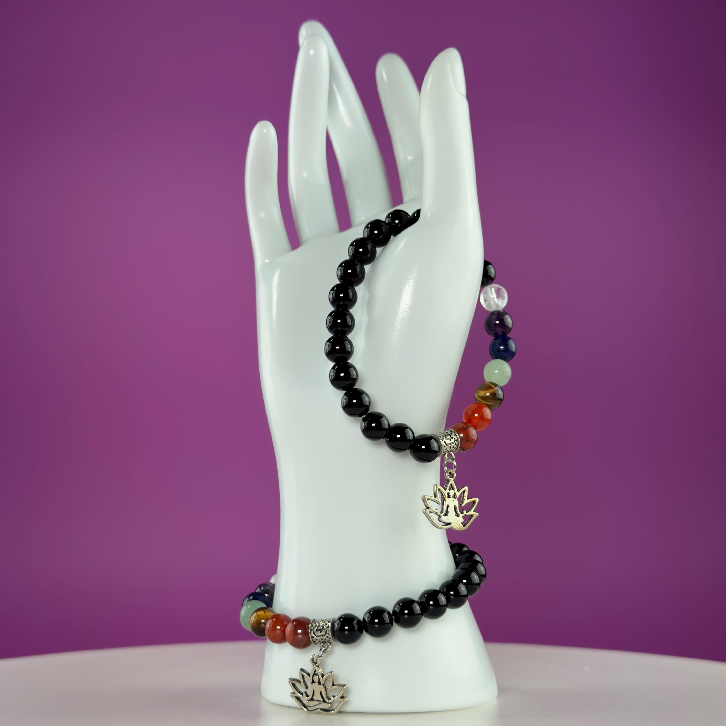 Black Obsidian 7 Chakra Bracelet 8mm | Healing Crystal Lotus Charm Bracelet