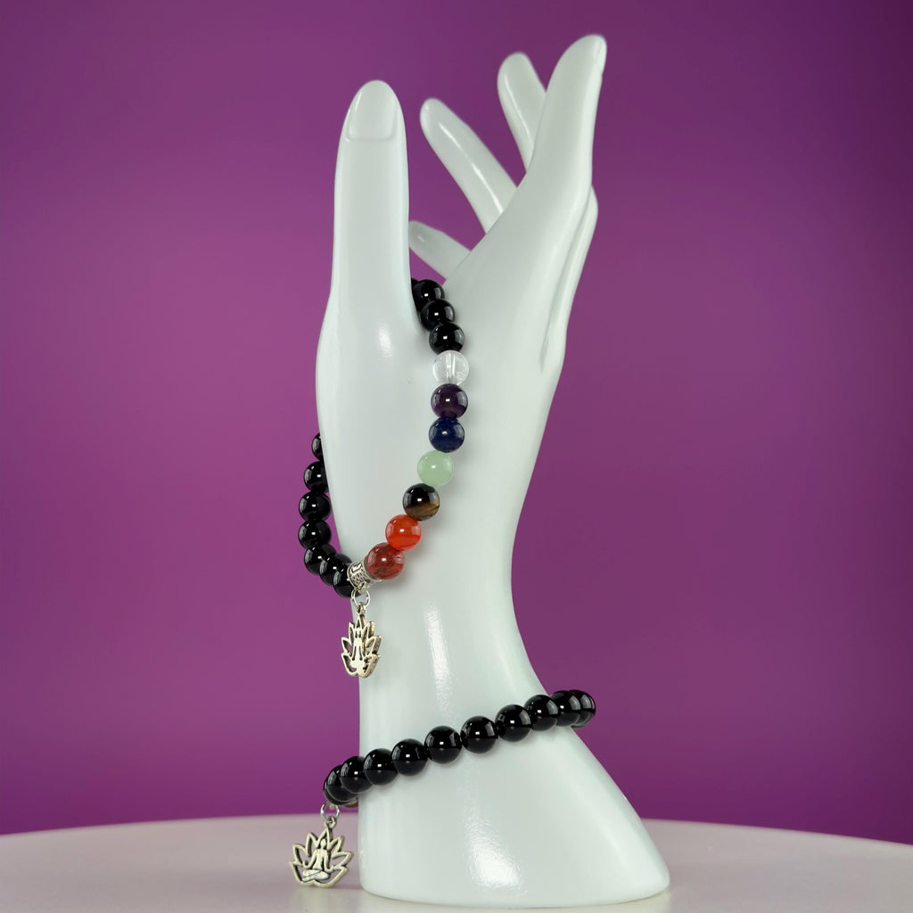 Black Obsidian 7 Chakra Bracelet 8mm | Healing Crystal Lotus Charm Bracelet