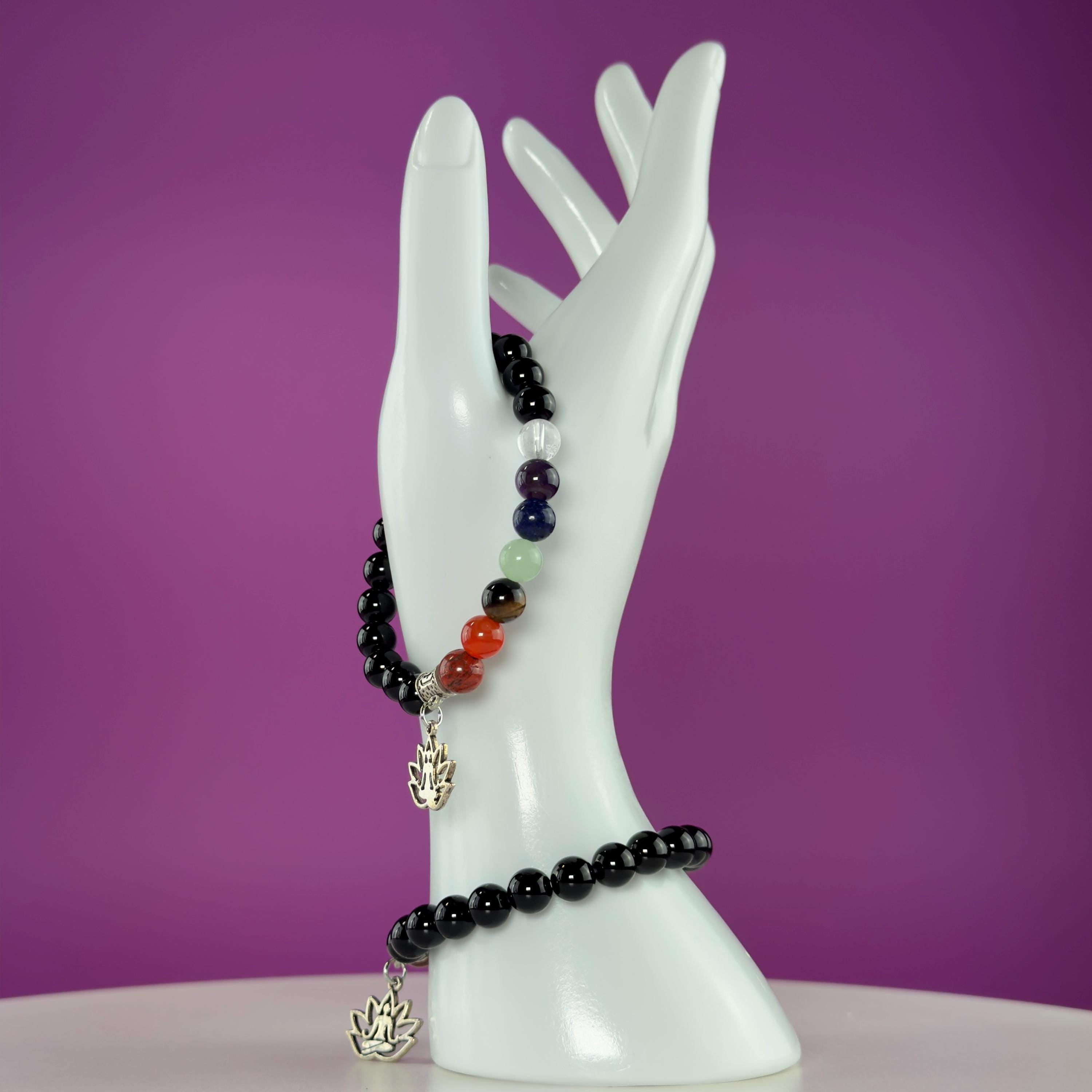 Black Obsidian 7 Chakra Bracelet 8mm | Healing Crystal Lotus Charm Bracelet