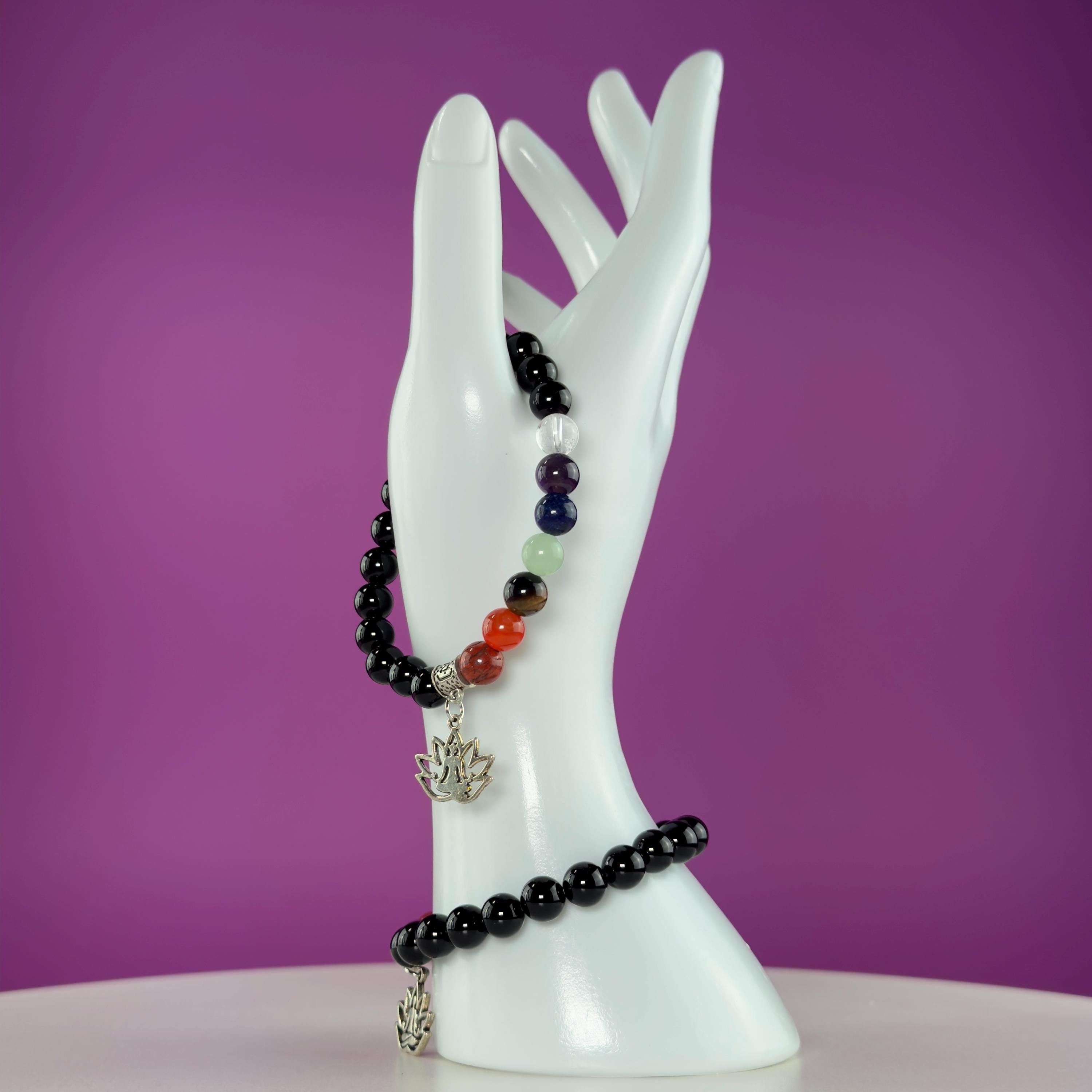 Black Obsidian 7 Chakra Bracelet 8mm | Healing Crystal Lotus Charm Bracelet
