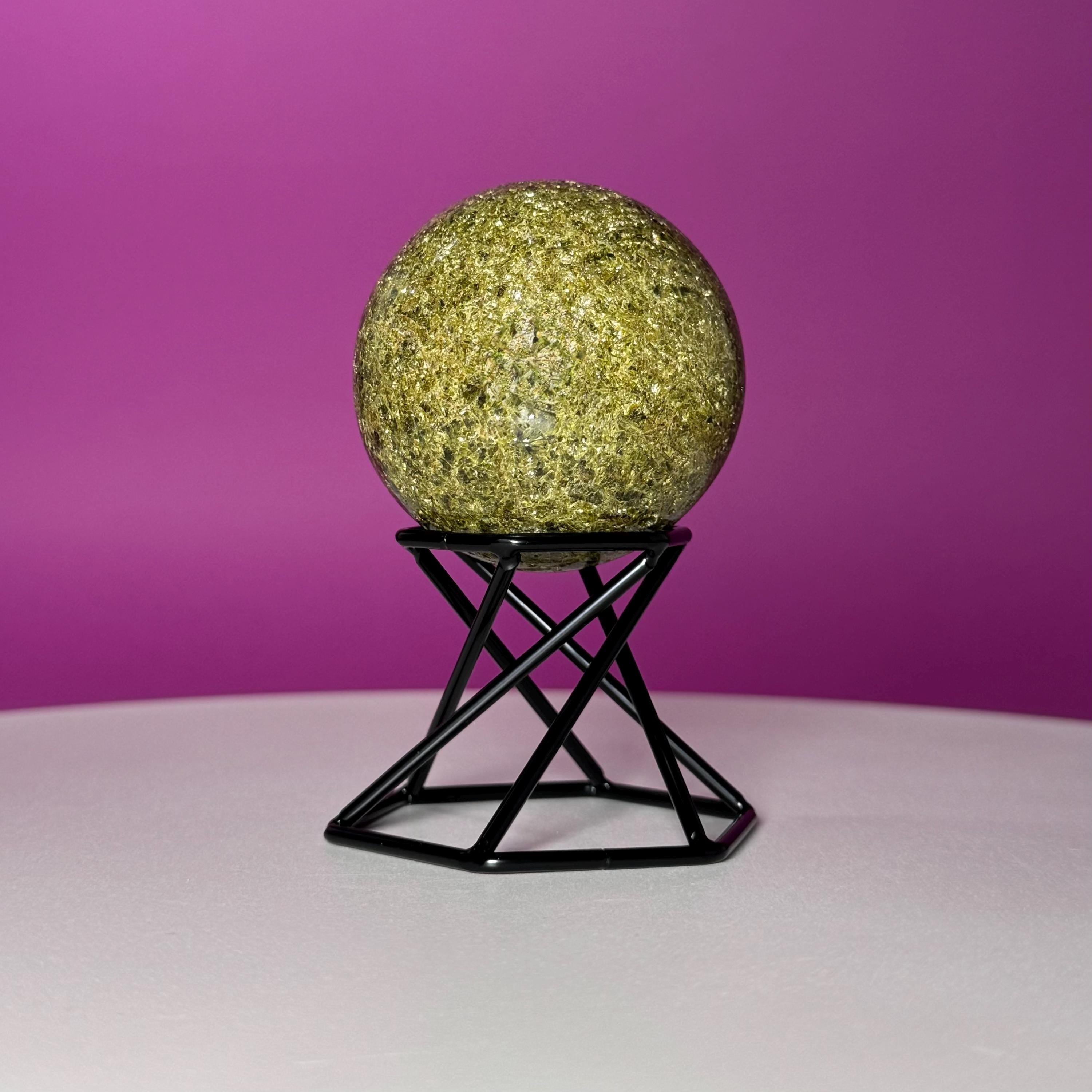 Green Tourmaline Sphere with Black Metal Stand – Protection & Grounding Crystal