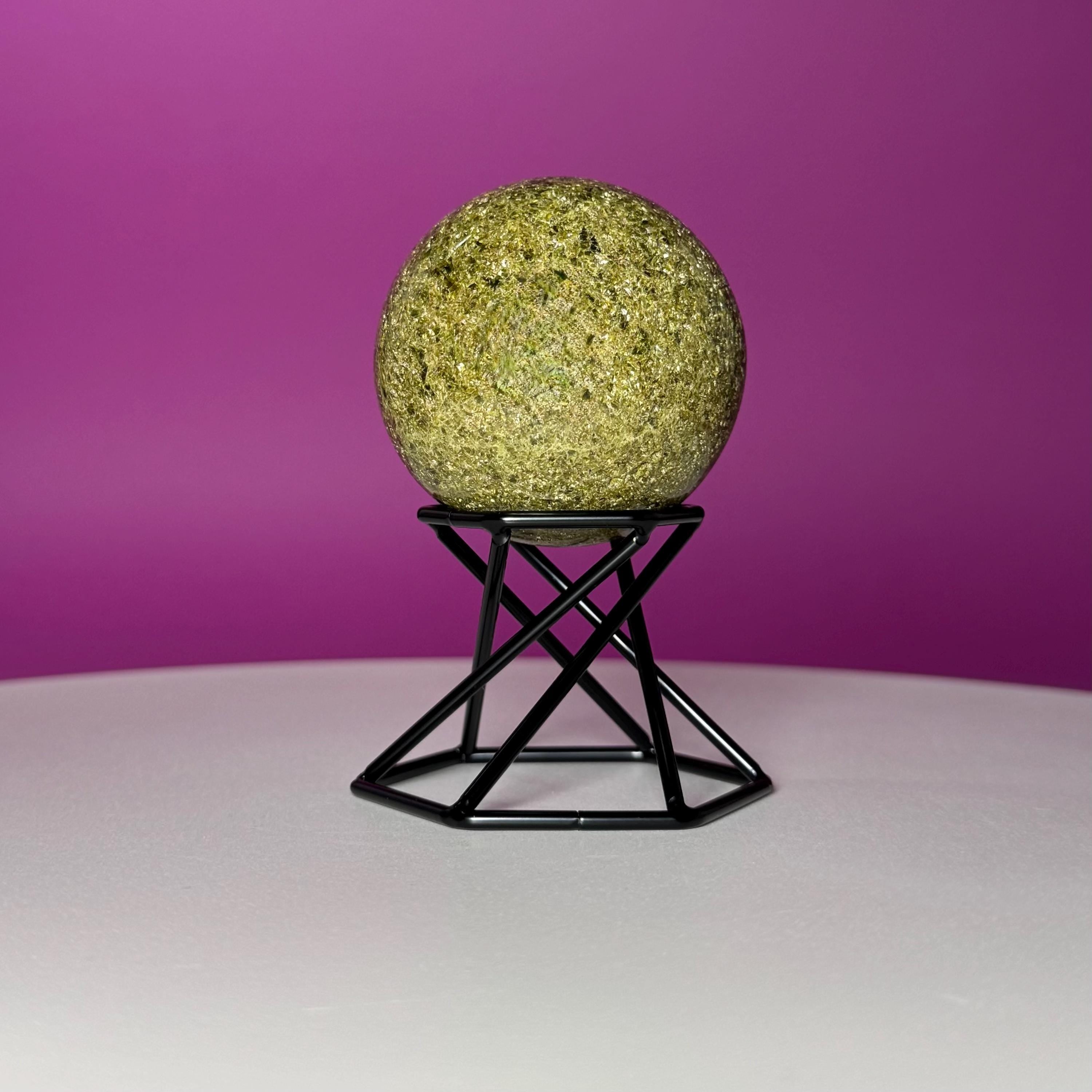 Green Tourmaline Sphere with Black Metal Stand – Protection & Grounding Crystal