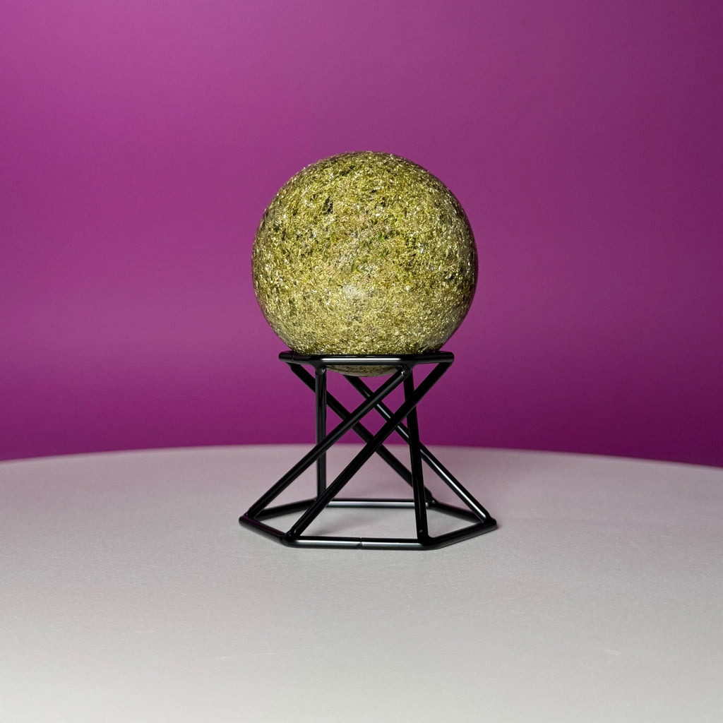 Green Tourmaline Sphere with Black Metal Stand – Protection & Grounding Crystal