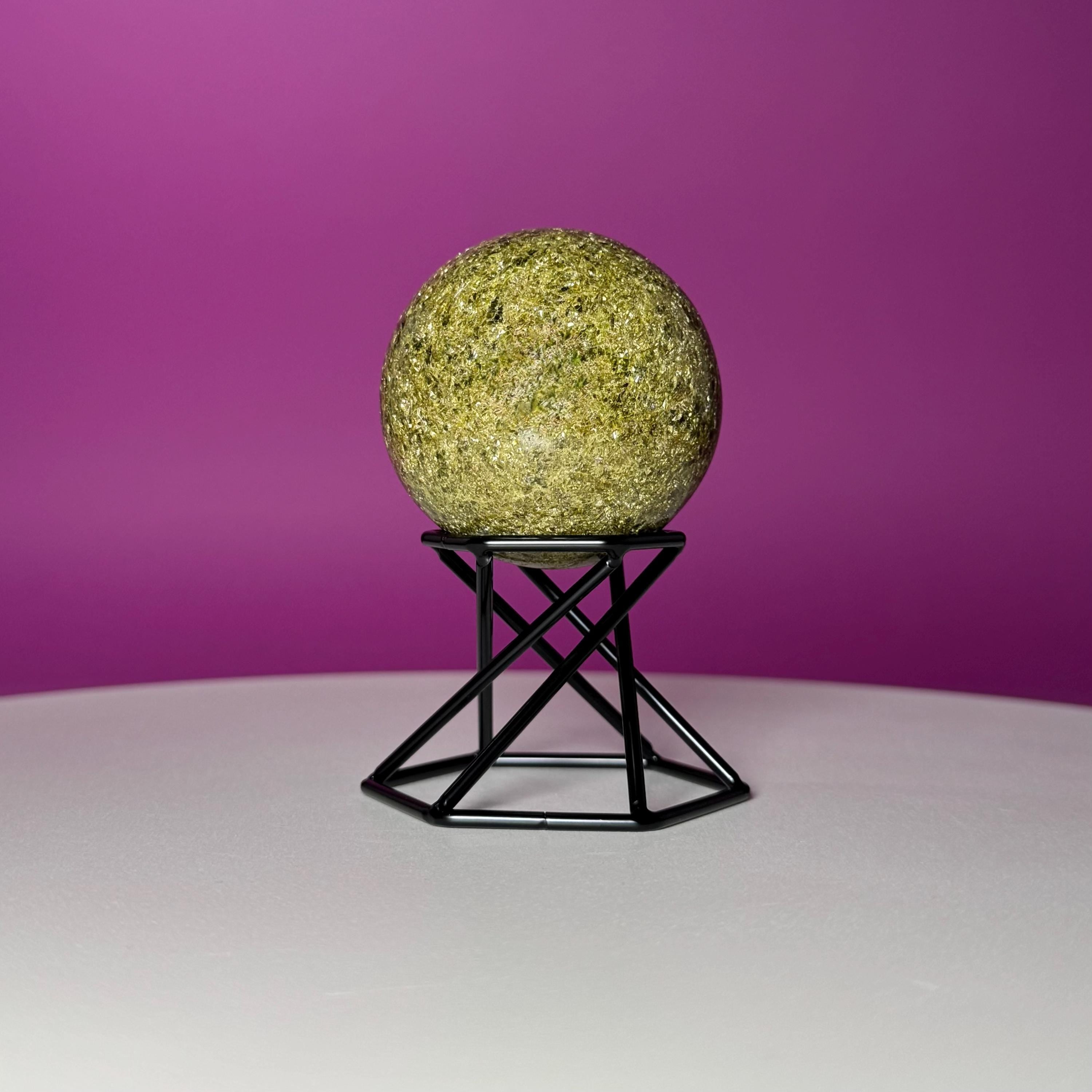 Green Tourmaline Sphere with Black Metal Stand – Protection & Grounding Crystal
