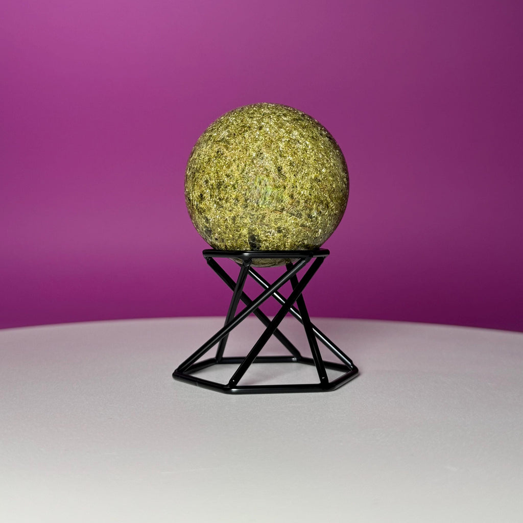 Green Tourmaline Sphere with Black Metal Stand – Protection & Grounding Crystal