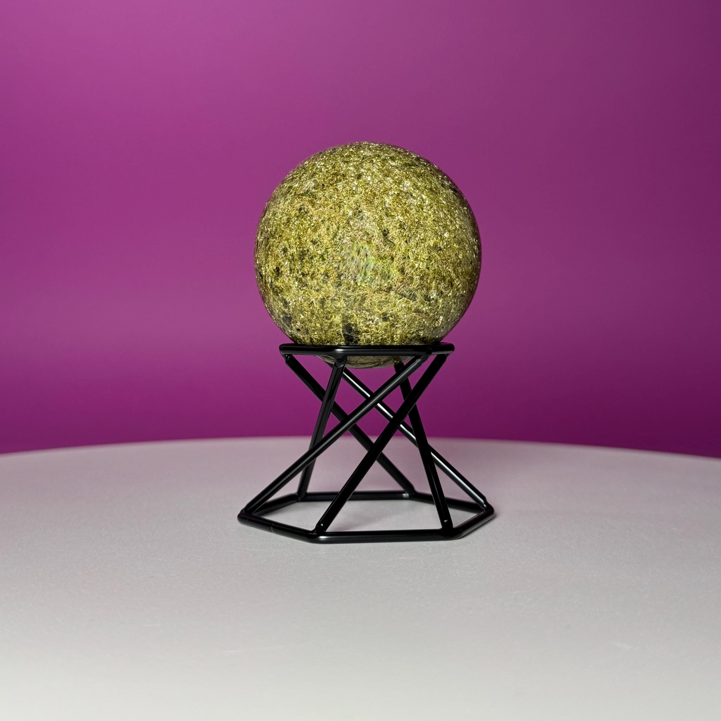 Green Tourmaline Sphere with Black Metal Stand – Protection & Grounding Crystal