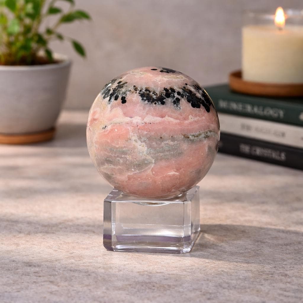 Rhodonite Sphere with Glass Stand – 144g Pink and Black Crystal for Emotional Healing