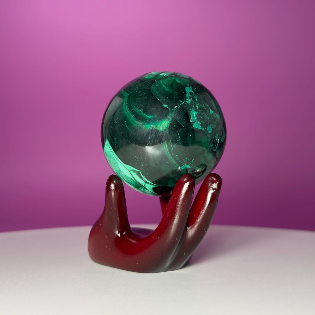 Malachite Crystal Sphere with Hand Stand – Natural Malachite Display