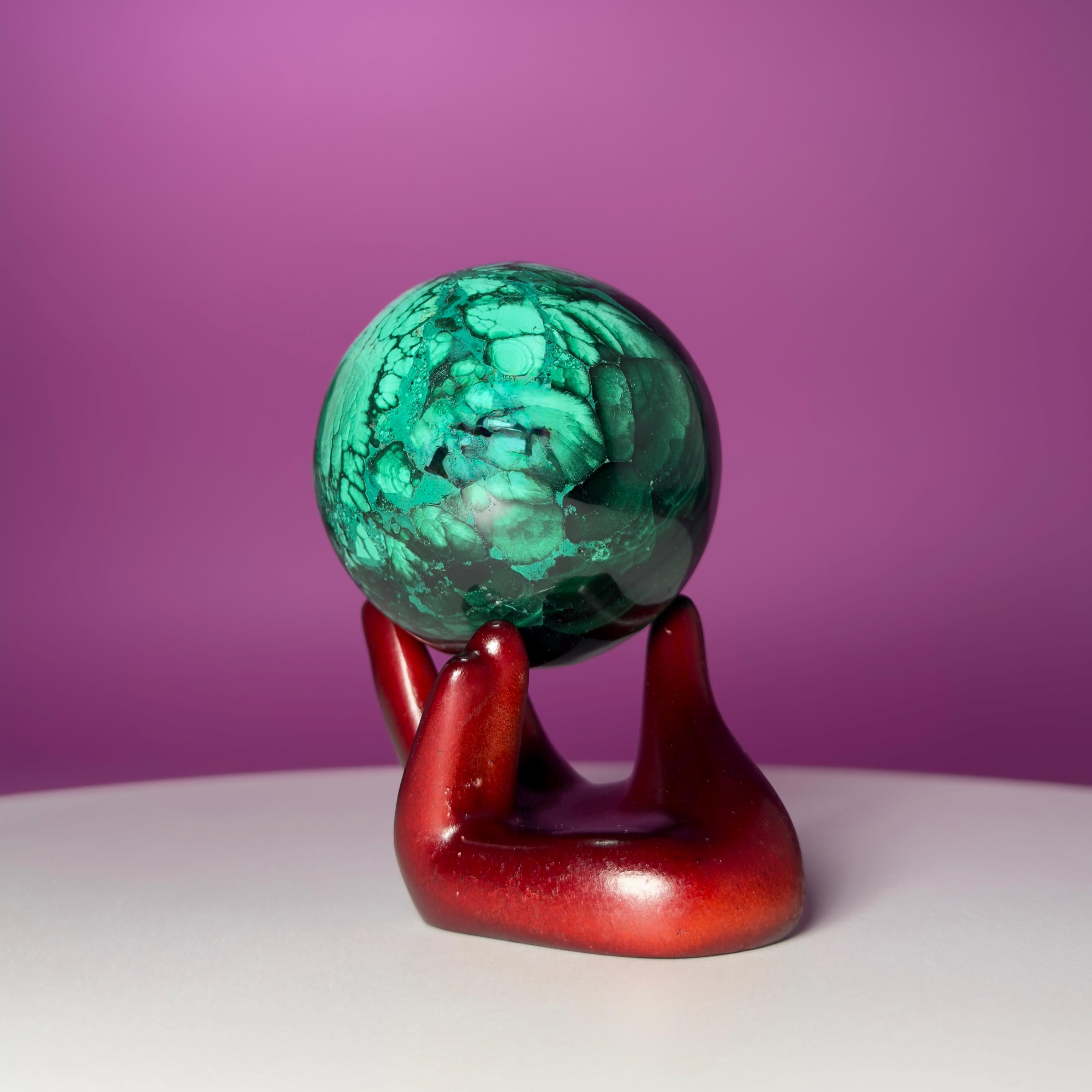 Malachite Crystal Sphere with Hand Stand – Natural Malachite Display