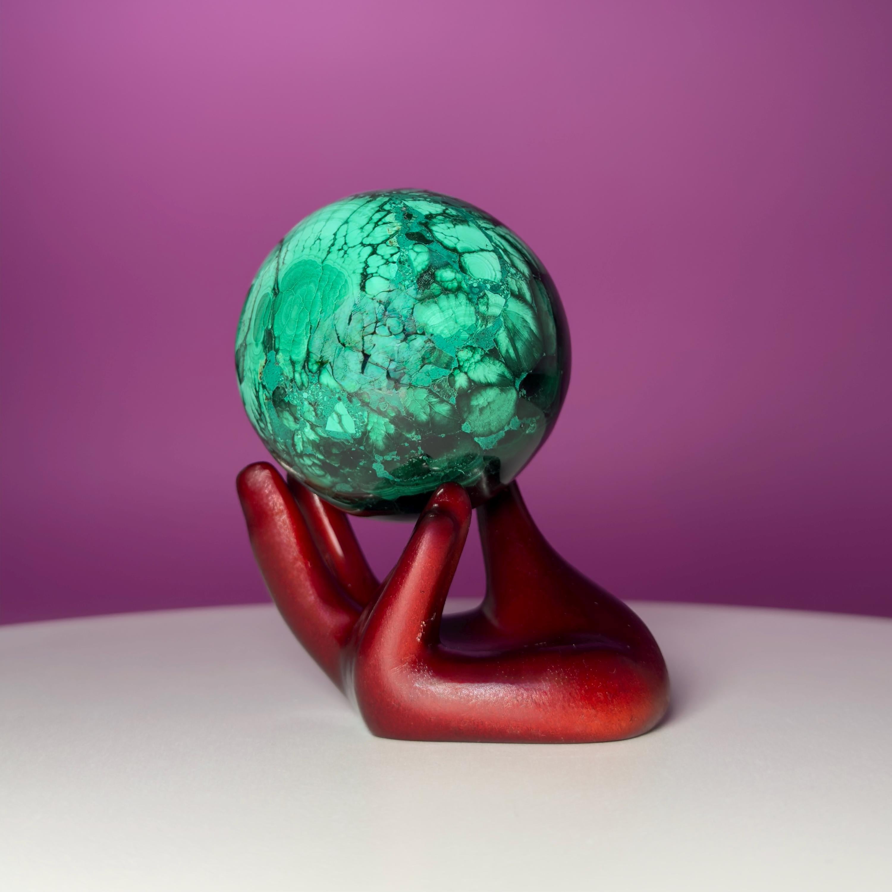 Malachite Crystal Sphere with Hand Stand – Natural Malachite Display