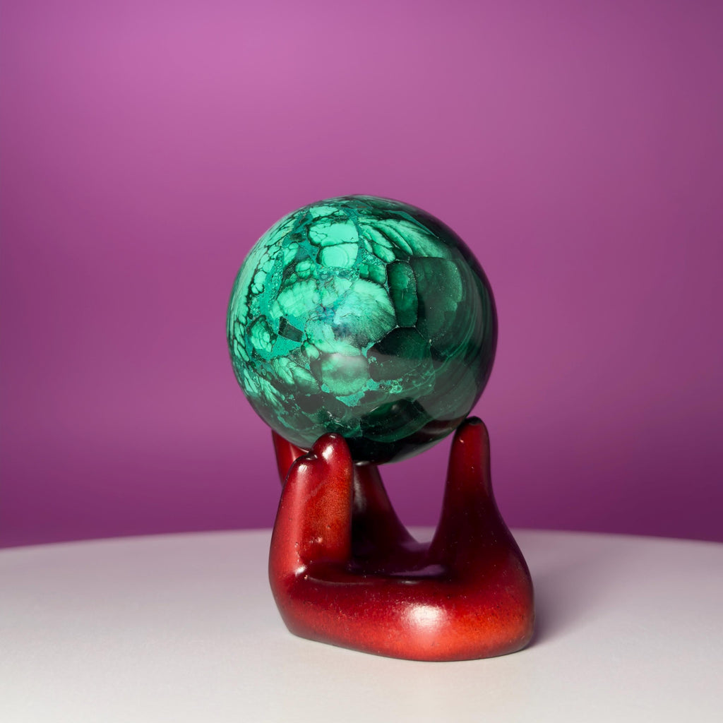 Malachite Crystal Sphere with Hand Stand – Natural Malachite Display