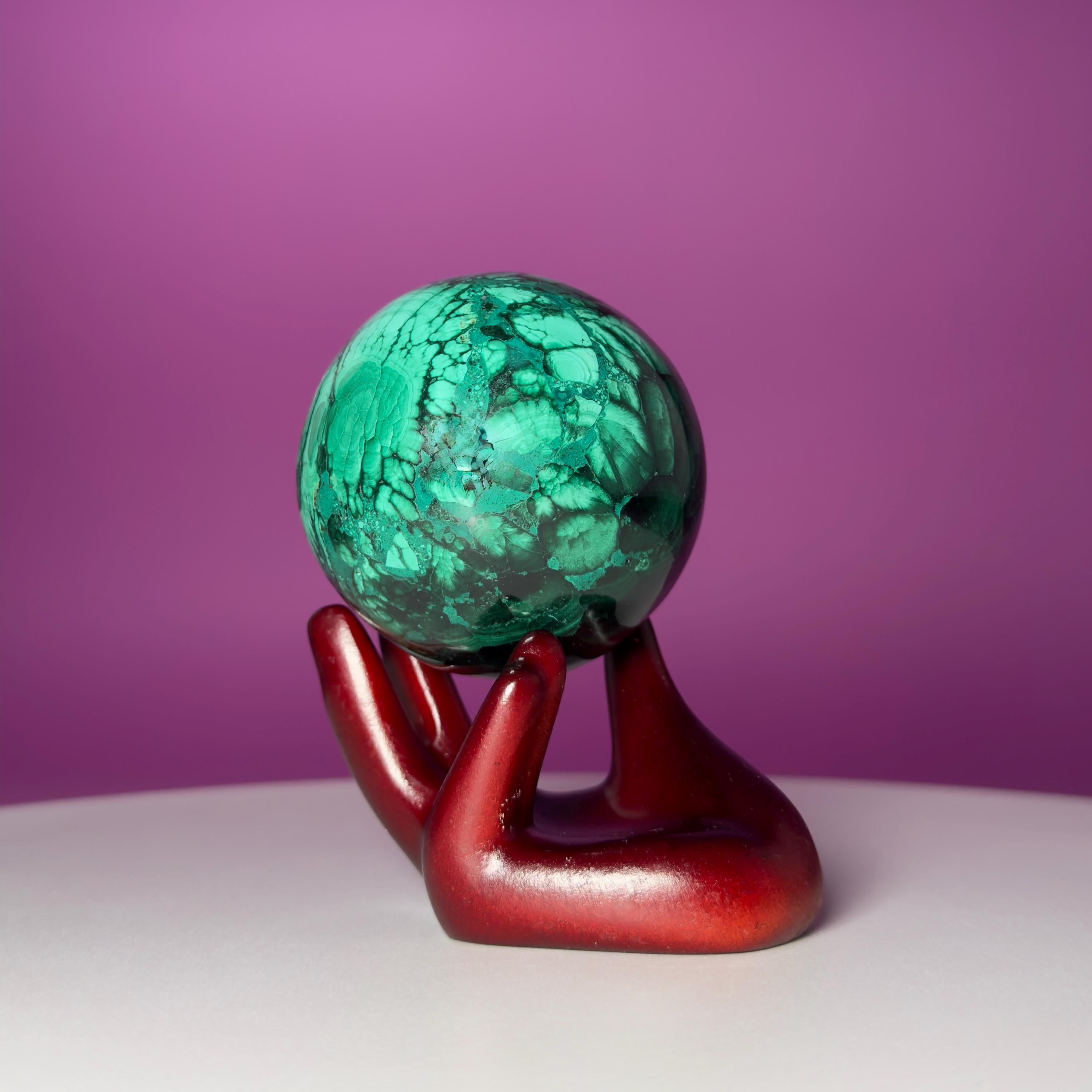 Malachite Crystal Sphere with Hand Stand – Natural Malachite Display