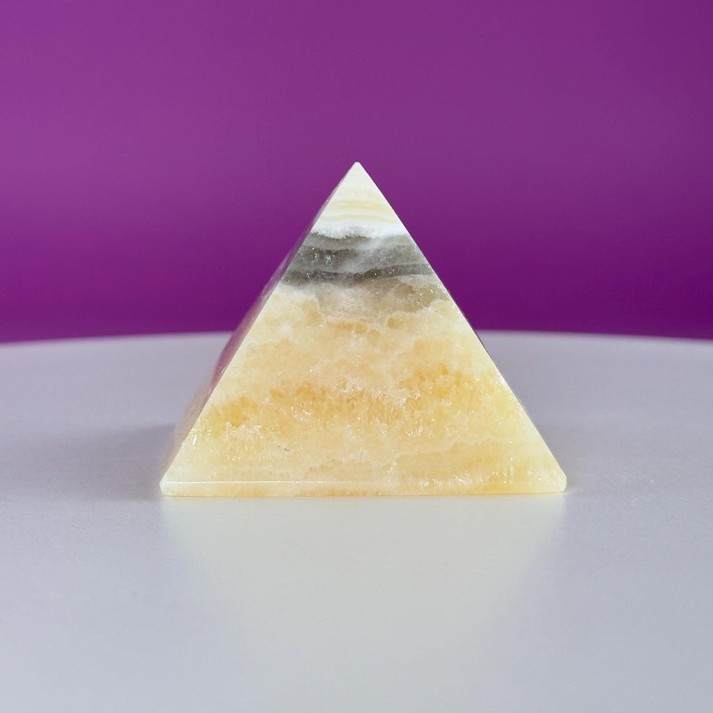 Zebra Calcite Pyramid from Mexico – UV Reactive Crystal Display