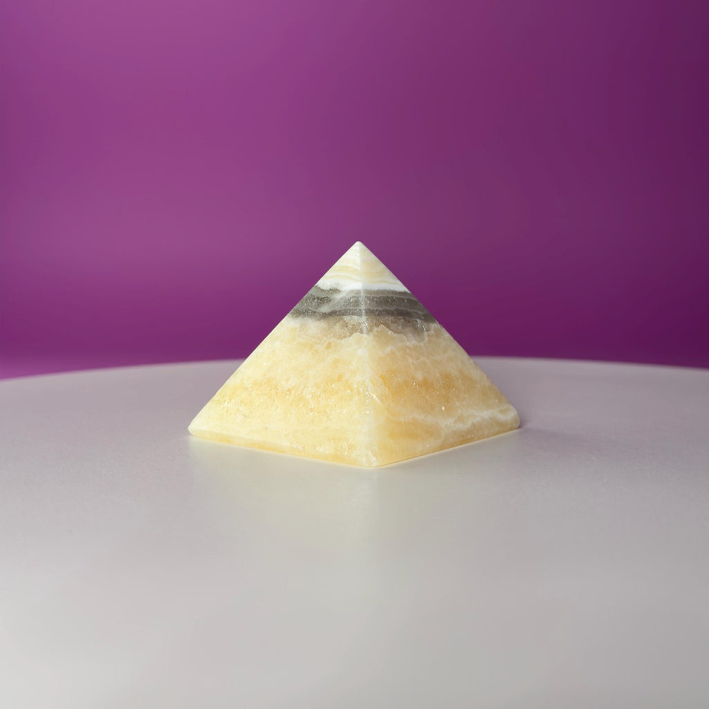 Zebra Calcite Pyramid from Mexico – UV Reactive Crystal Display