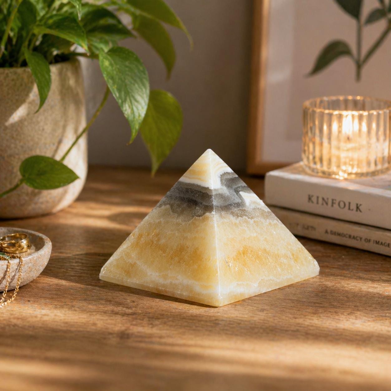 Zebra Calcite Pyramid from Mexico – UV Reactive Crystal Display