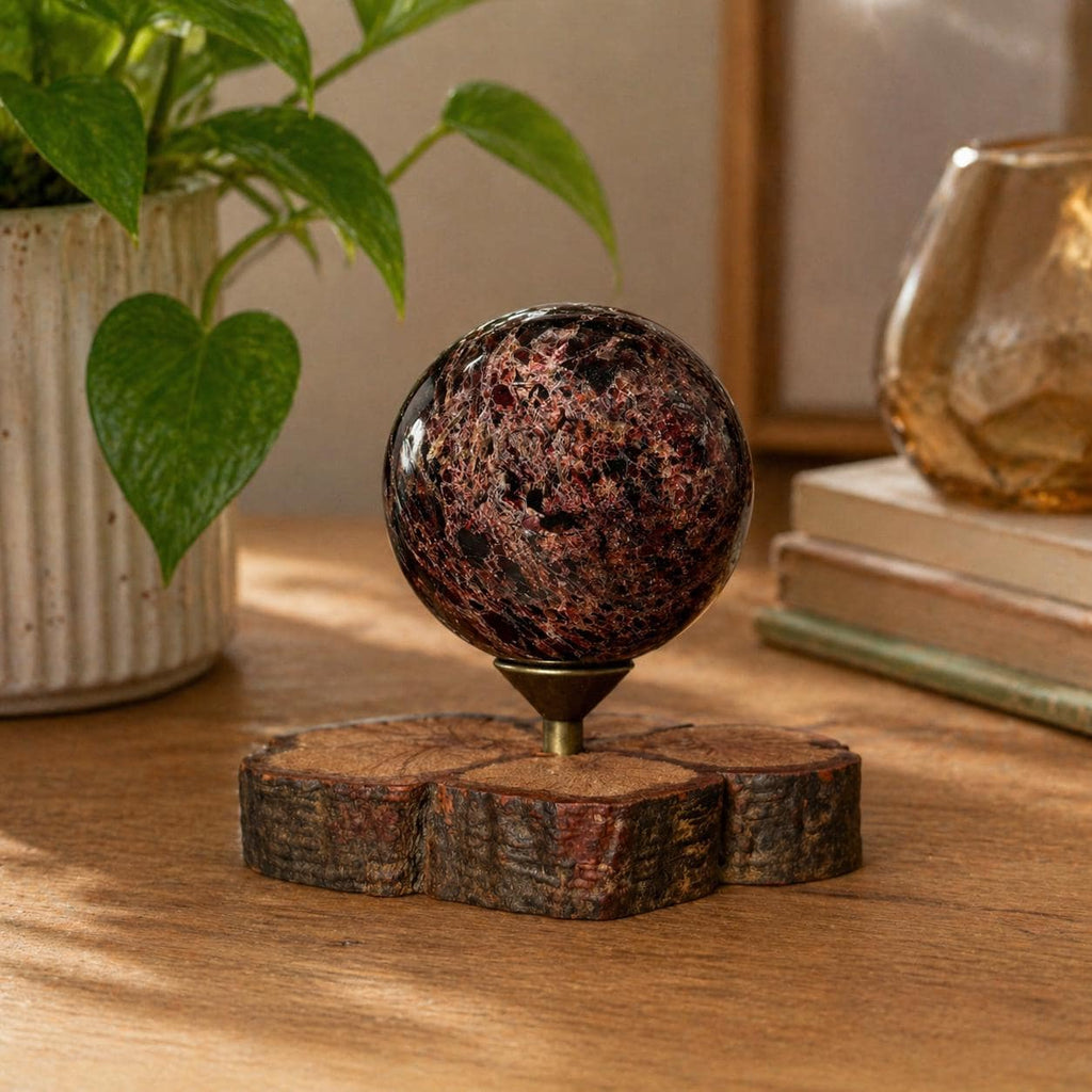 Garnet Sphere with Decorative Wood Stand – Grounding, Vitality & Strength