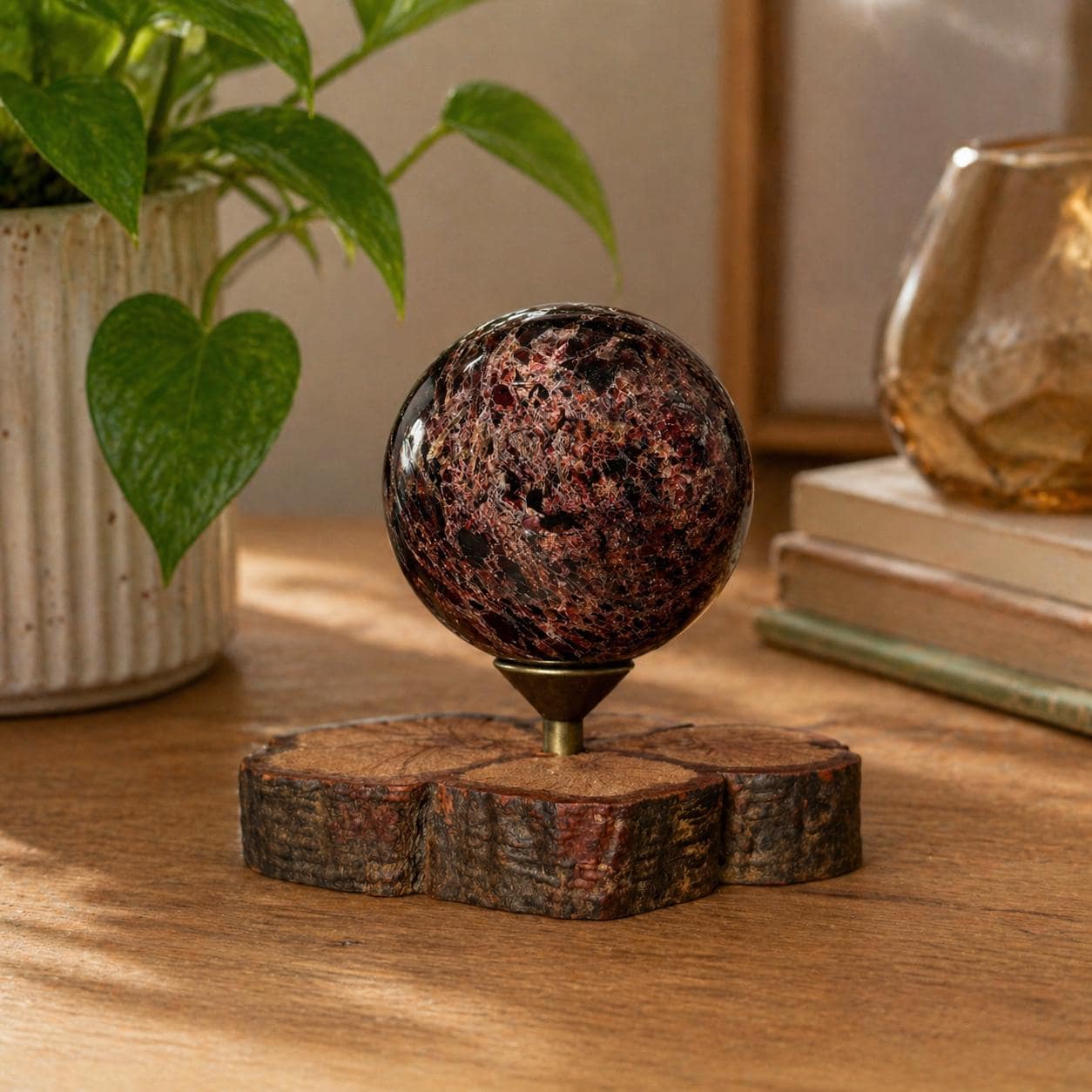 Garnet Sphere with Decorative Wood Stand – Grounding, Vitality & Strength