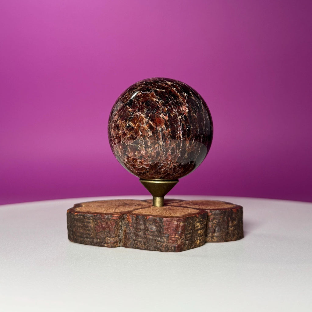 Garnet Sphere with Decorative Wood Stand – Grounding, Vitality & Strength