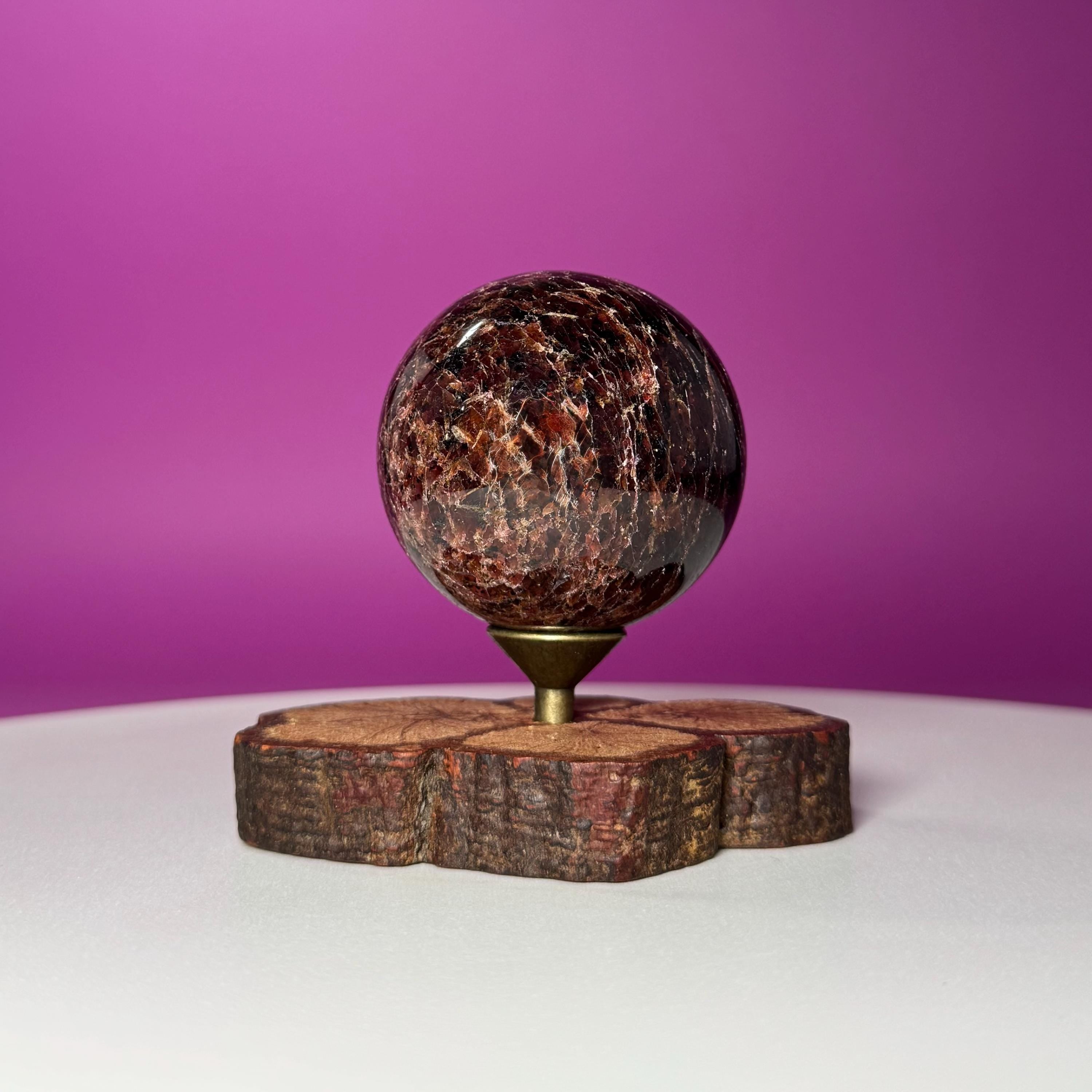 Garnet Sphere with Decorative Wood Stand – Grounding, Vitality & Strength