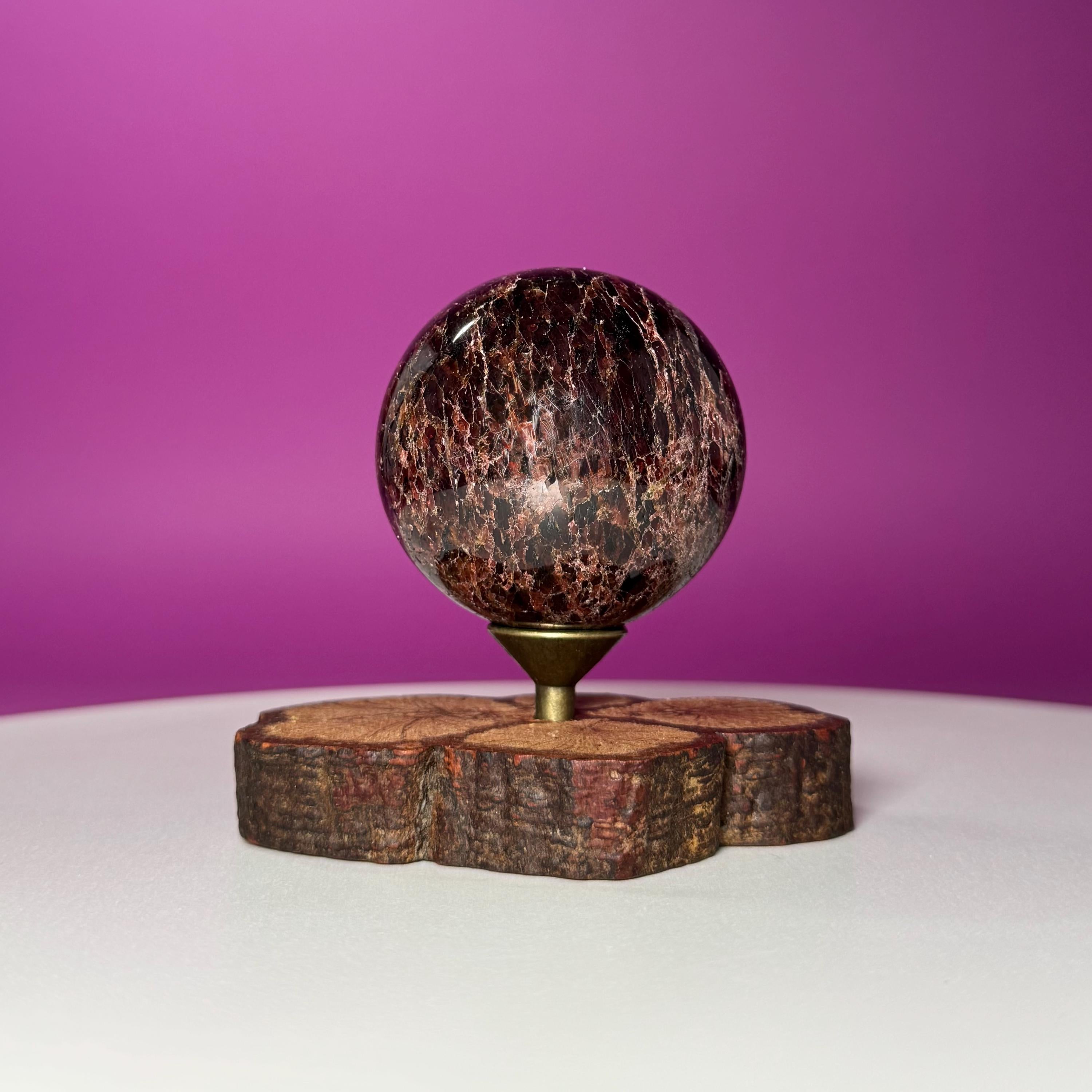 Garnet Sphere with Decorative Wood Stand – Grounding, Vitality & Strength
