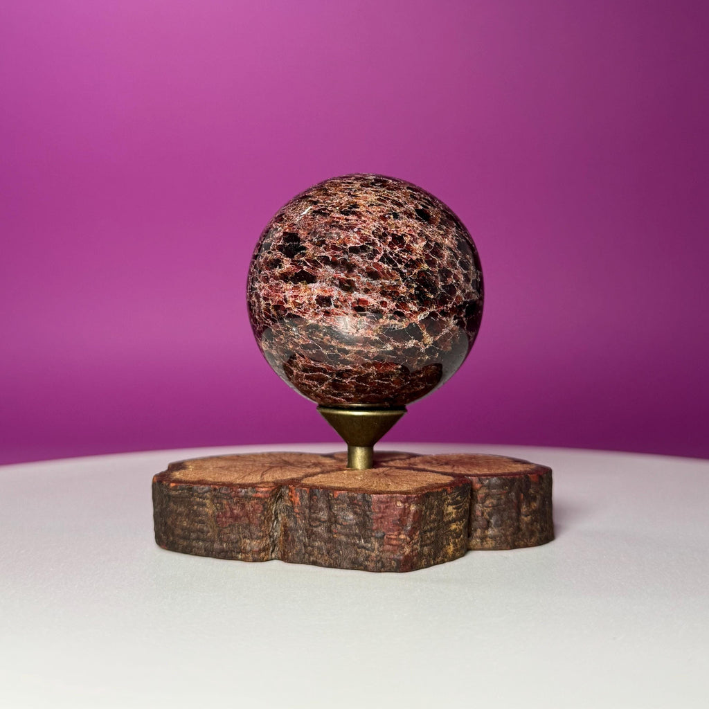 Garnet Sphere with Decorative Wood Stand – Grounding, Vitality & Strength