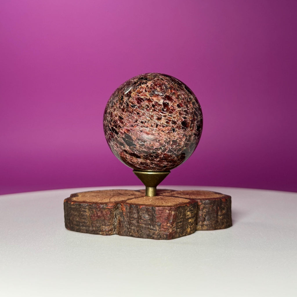 Garnet Sphere with Decorative Wood Stand – Grounding, Vitality & Strength
