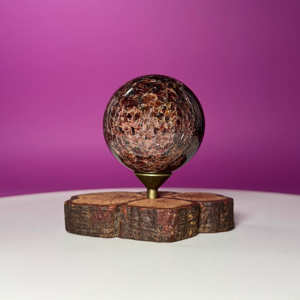 Garnet Sphere with Decorative Wood Stand – Grounding, Vitality & Strength