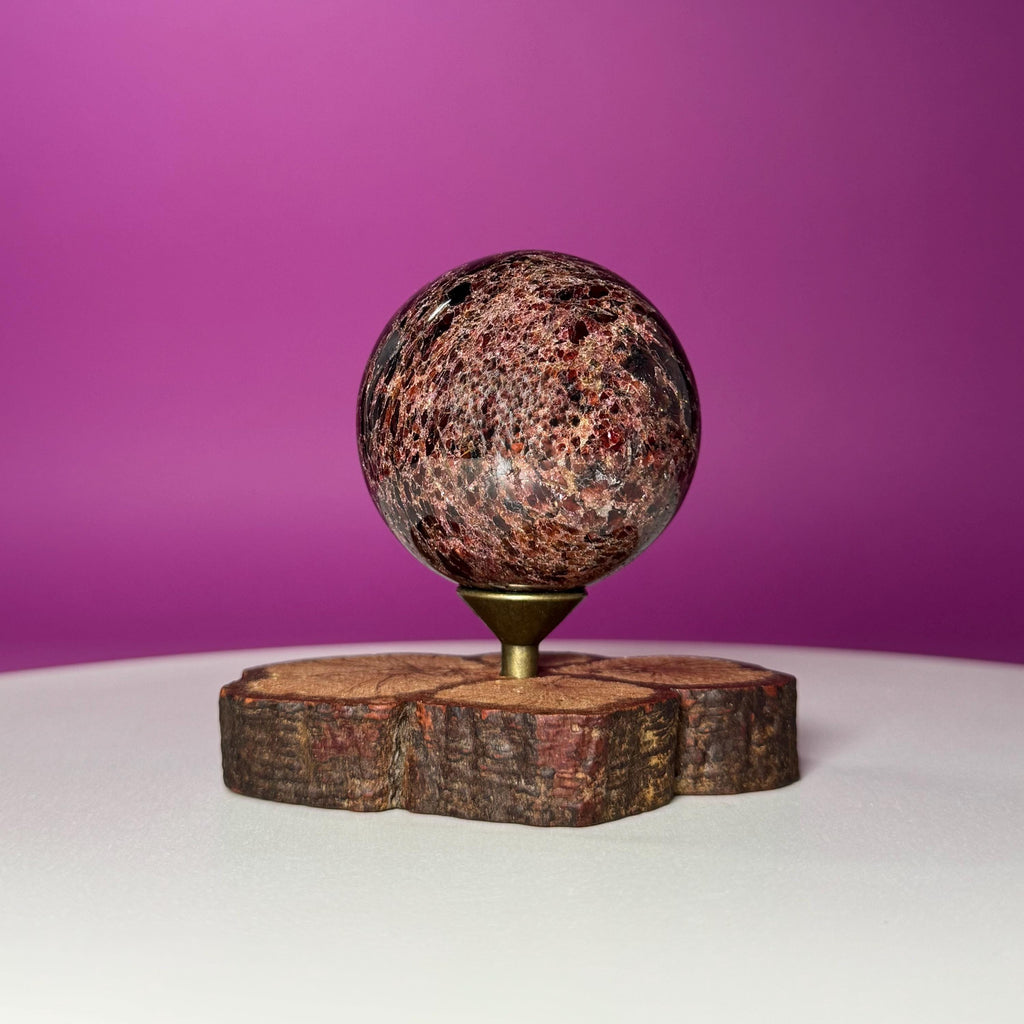 Garnet Sphere with Decorative Wood Stand – Grounding, Vitality & Strength