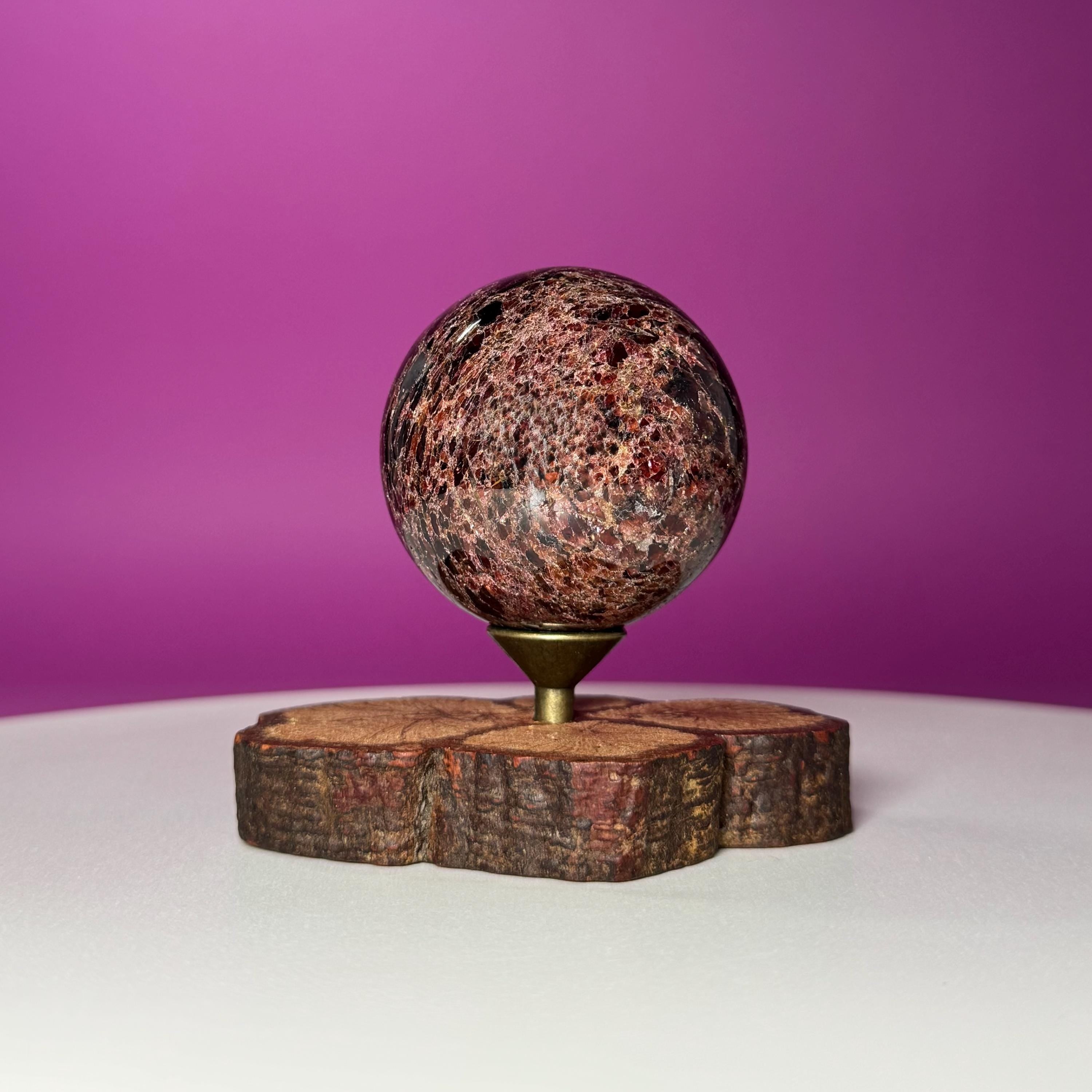Garnet Sphere with Decorative Wood Stand – Grounding, Vitality & Strength