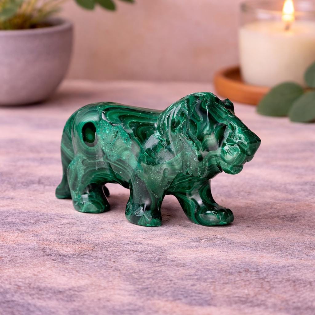 Malachite Lion Carving – 164g Hand Carved Crystal for Strength & Protection
