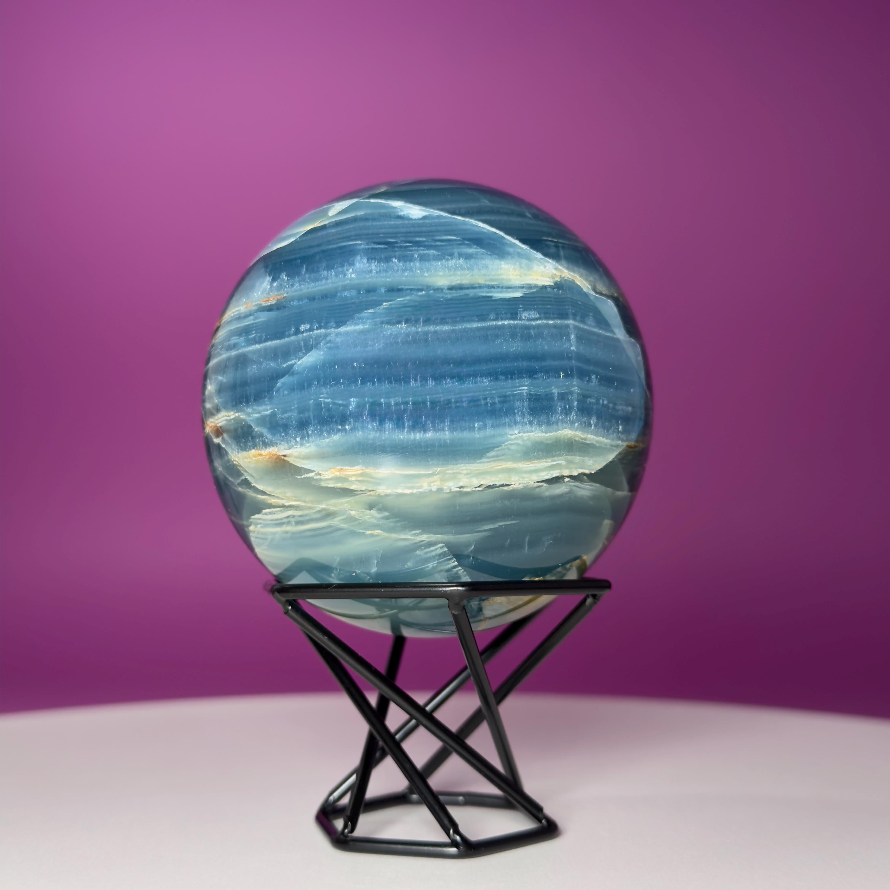 Blue Onyx Sphere with Stand – 596g Banded Crystal for Calm & Balance