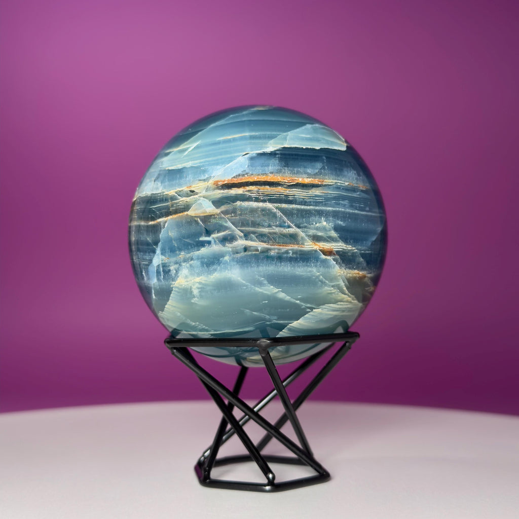 Blue Onyx Sphere with Stand – 596g Banded Crystal for Calm & Balance
