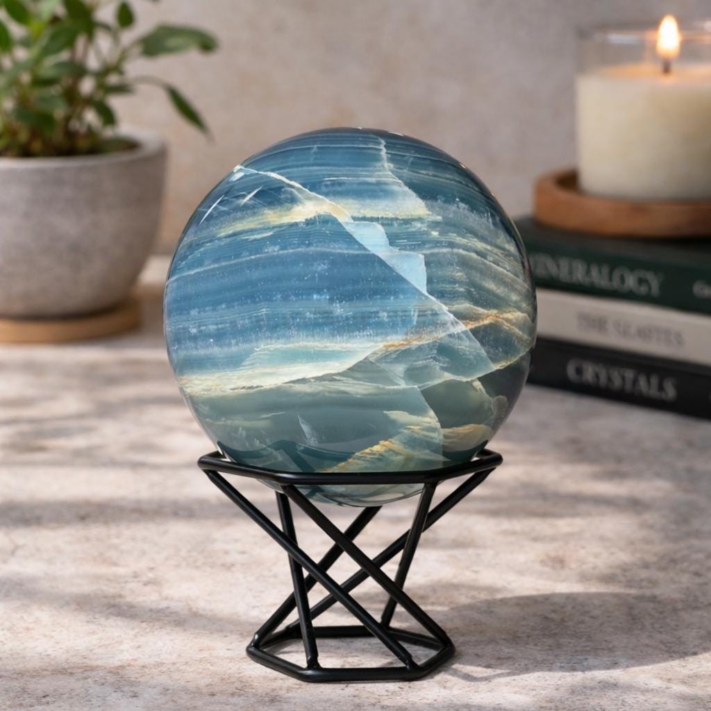 Blue Onyx Sphere with Stand – 596g Banded Crystal for Calm & Balance