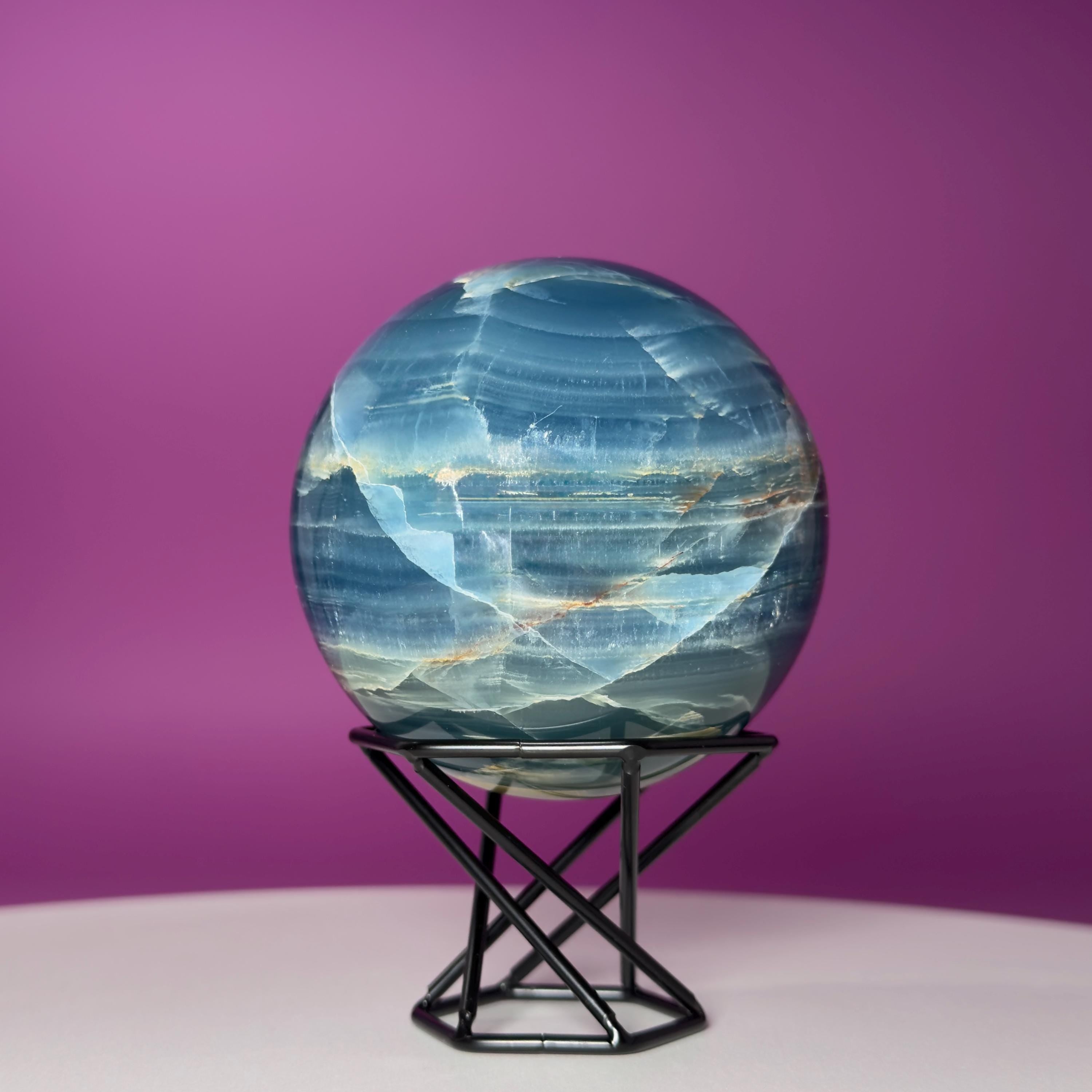 Blue Onyx Sphere with Stand – 596g Banded Crystal for Calm & Balance