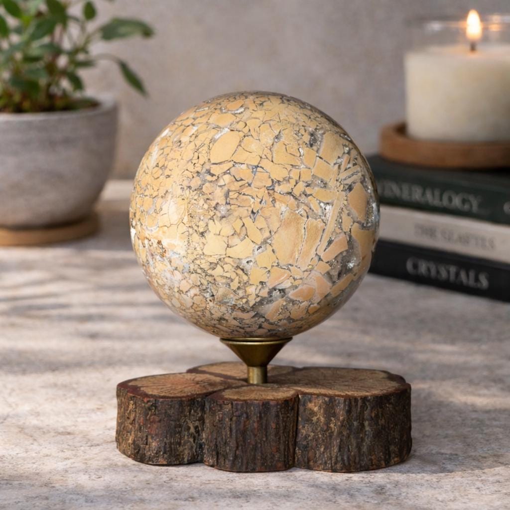 Edge Jasper Sphere 659g with Wood Stand | Mosaic Jasper Crystal Ball Decor Gift