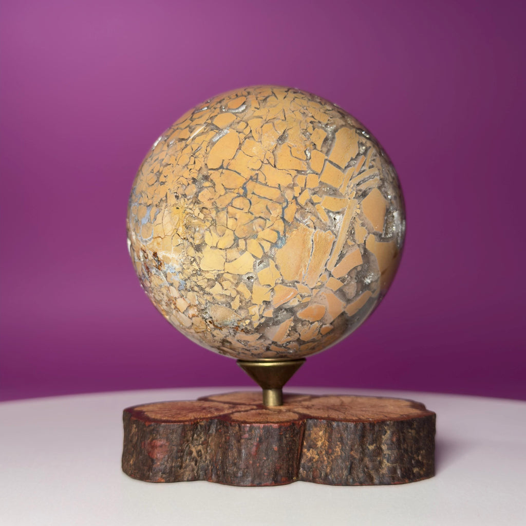 Edge Jasper Sphere 659g with Wood Stand | Mosaic Jasper Crystal Ball Decor Gift