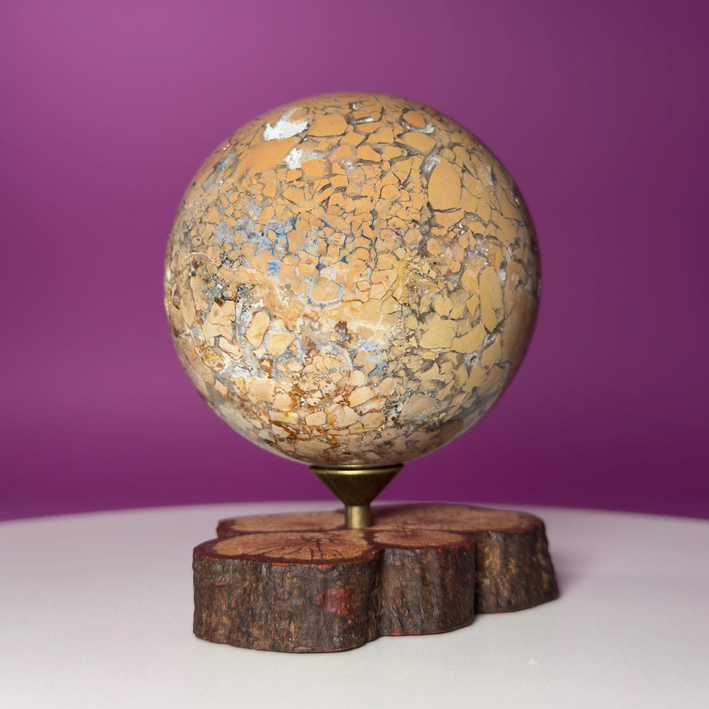 Edge Jasper Sphere 659g with Wood Stand | Mosaic Jasper Crystal Ball Decor Gift