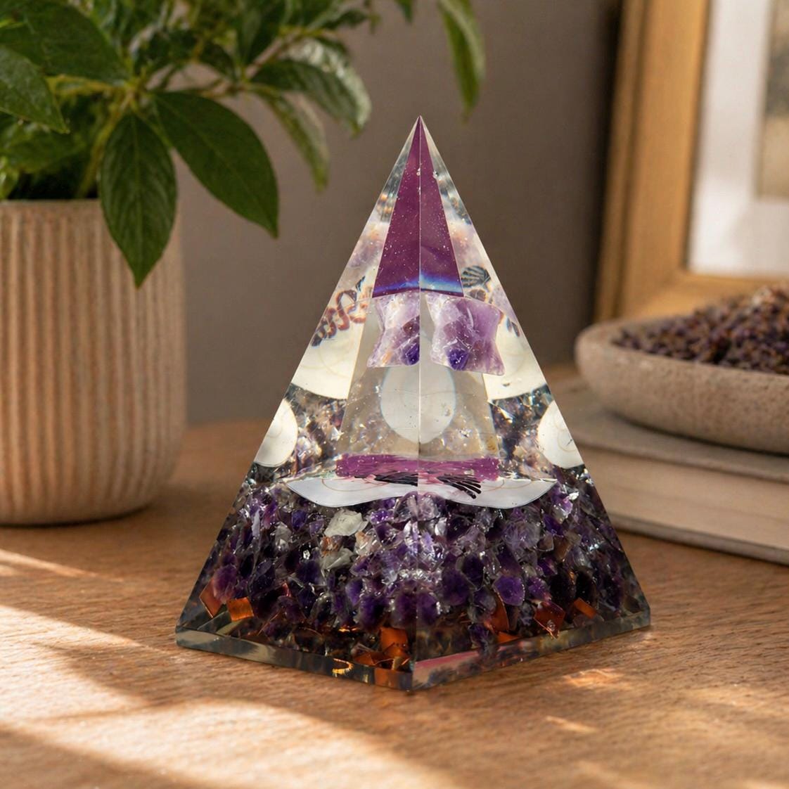 Amethyst Orgone Pyramid with Merkaba – Healing Energy Crystal Décor, Akoni’s Misfit Crystal