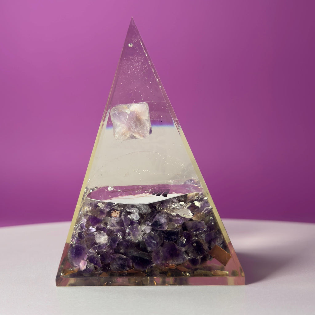 Amethyst Orgone Pyramid with Merkaba – Healing Energy Crystal Décor, Akoni’s Misfit Crystal