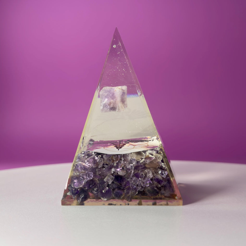 Amethyst Orgone Pyramid with Merkaba – Healing Energy Crystal Décor, Akoni’s Misfit Crystal