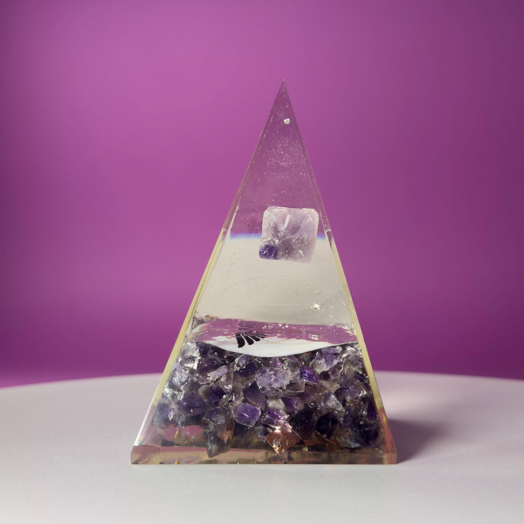 Amethyst Orgone Pyramid with Merkaba – Healing Energy Crystal Décor, Akoni’s Misfit Crystal