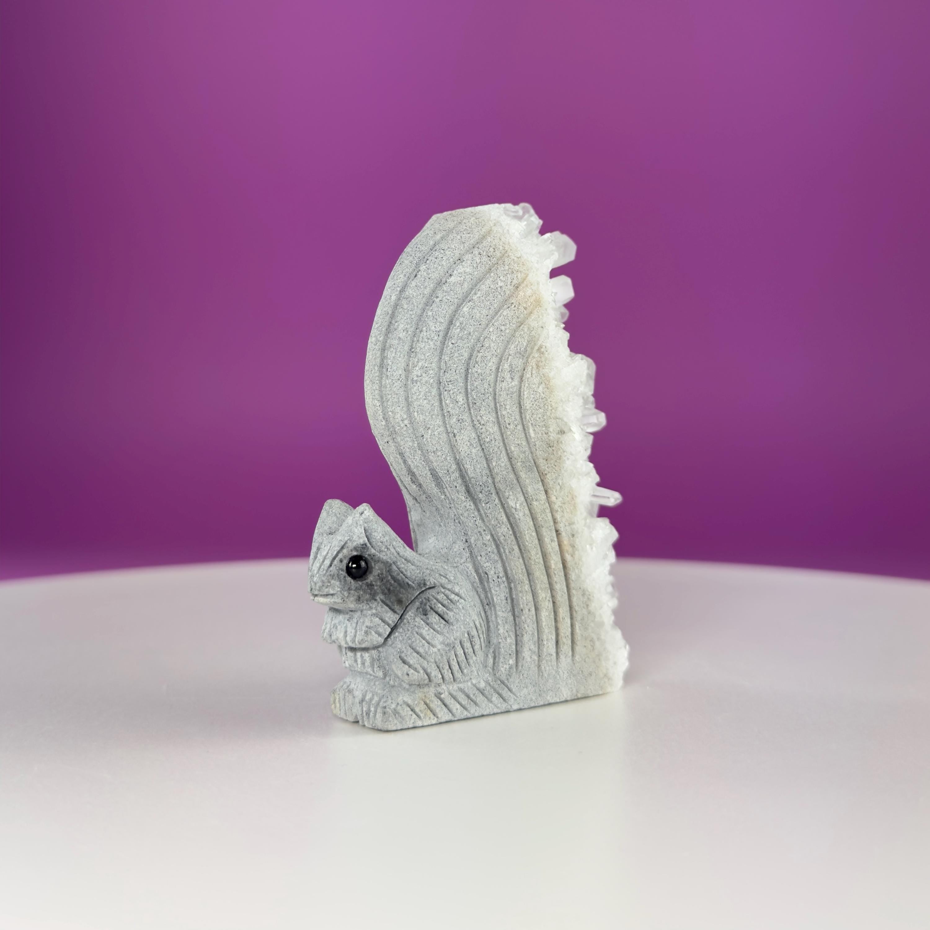 Quartz Squirrel Carving with Natural Crystal Points Tail – 138g Unique Animal Crystal