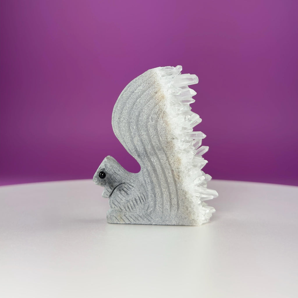 Quartz Squirrel Carving with Natural Crystal Points Tail – 138g Unique Animal Crystal