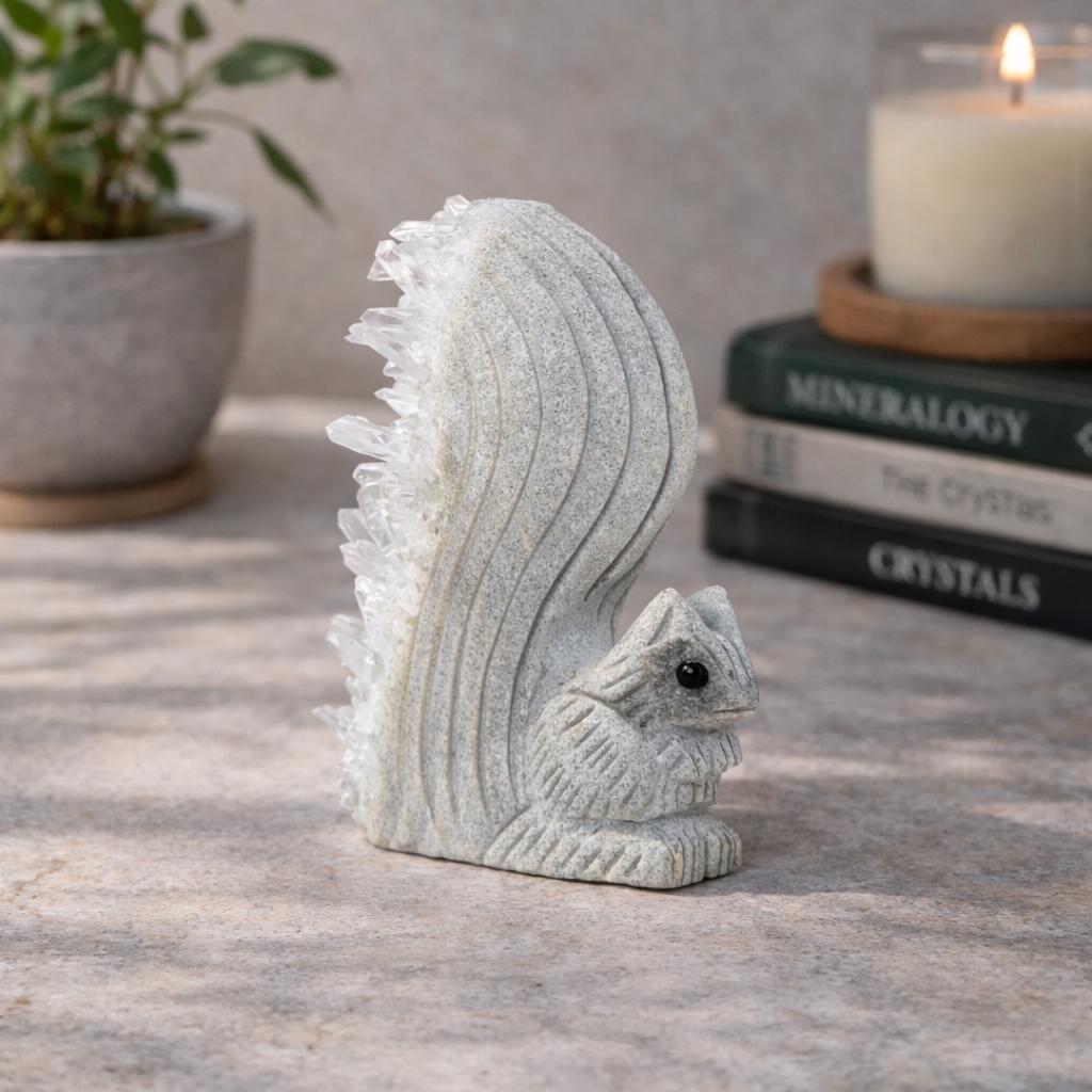 Quartz Squirrel Carving with Natural Crystal Points Tail – 138g Unique Animal Crystal