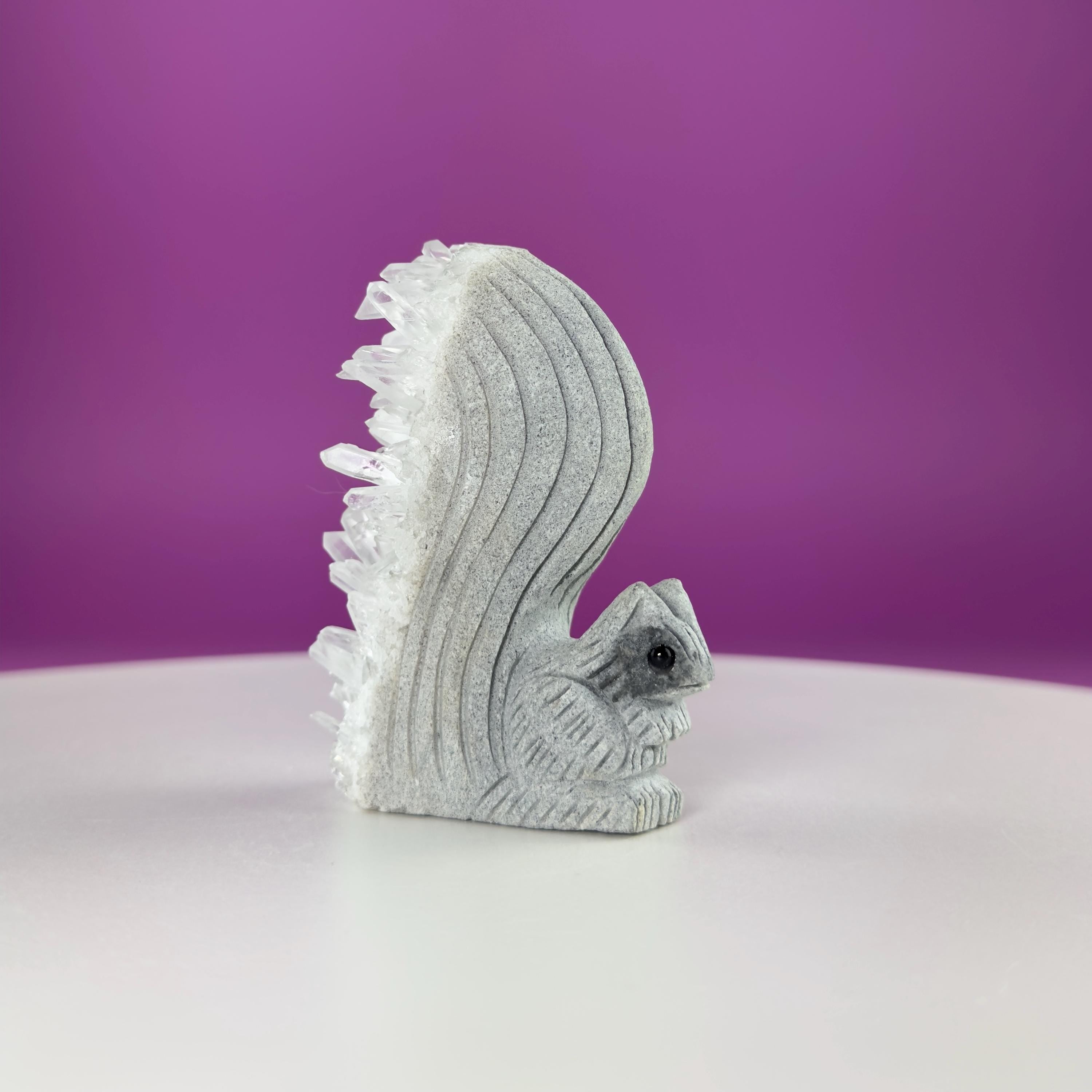 Quartz Squirrel Carving with Natural Crystal Points Tail – 138g Unique Animal Crystal