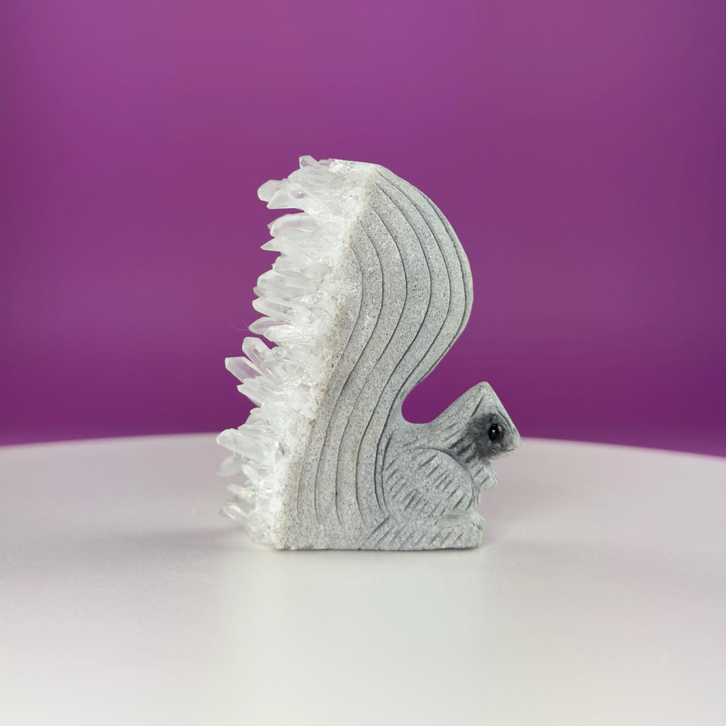 Quartz Squirrel Carving with Natural Crystal Points Tail – 138g Unique Animal Crystal