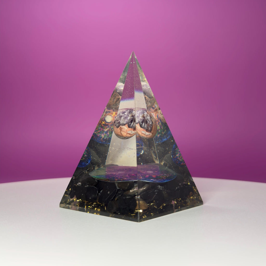 Shungite Orgone Pyramid with Amethyst Sphere | Tree of Life Décor