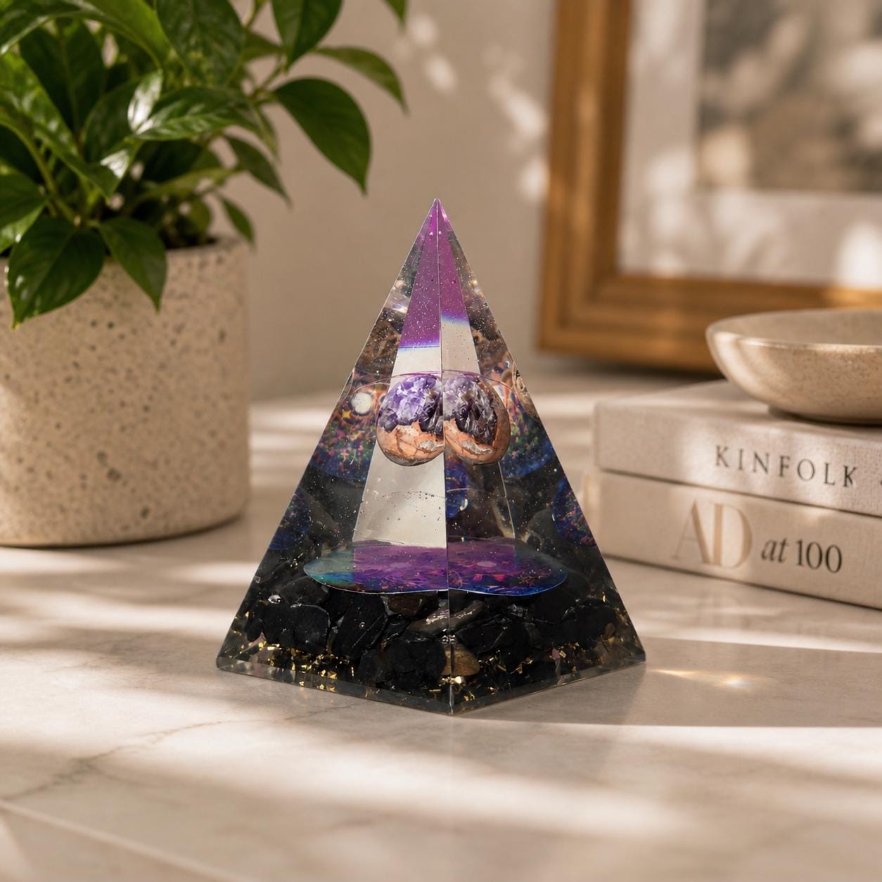 Shungite Orgone Pyramid with Amethyst Sphere | Tree of Life Décor