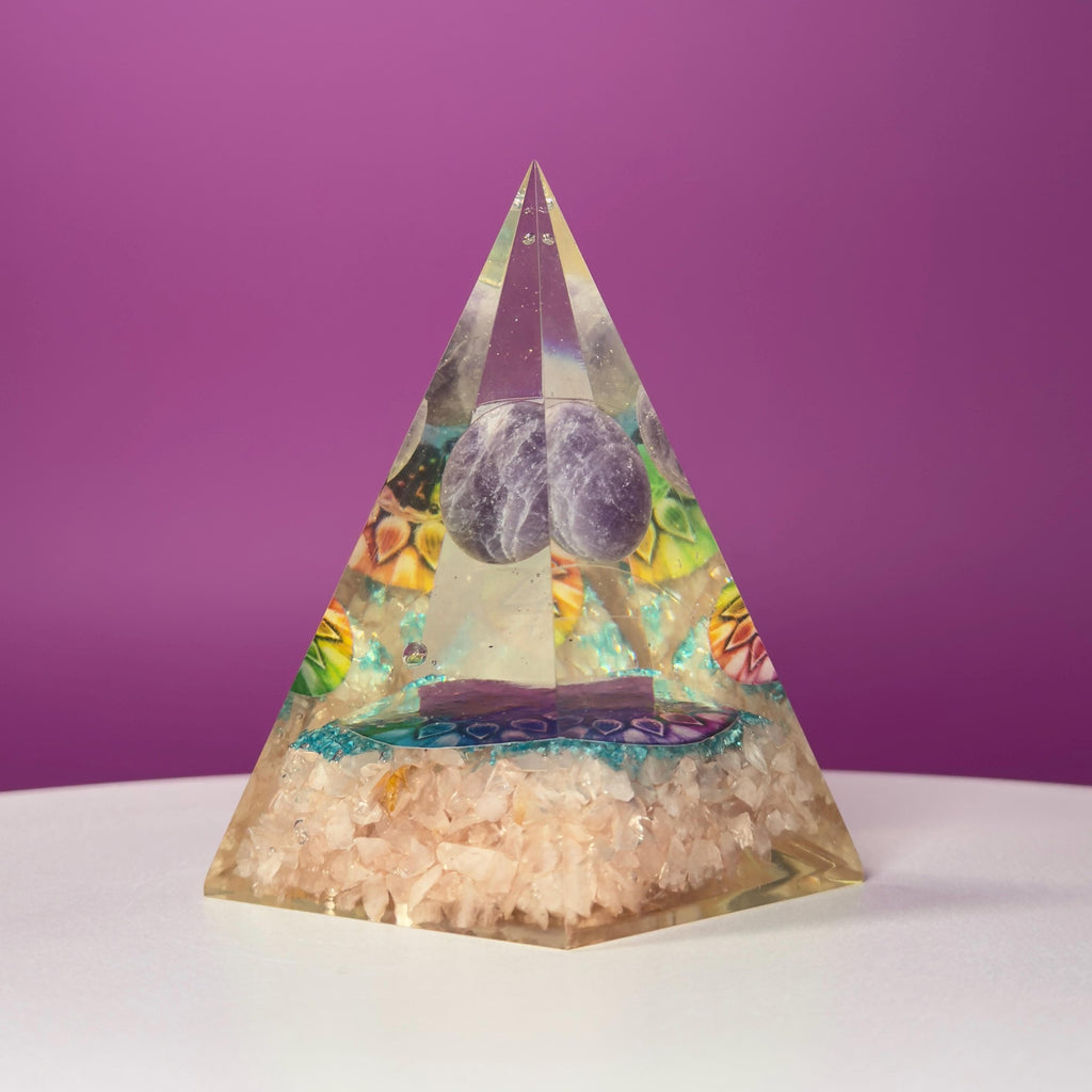 Rose Quartz Orgone Pyramid with Amethyst Sphere | Chakra Energy Décor