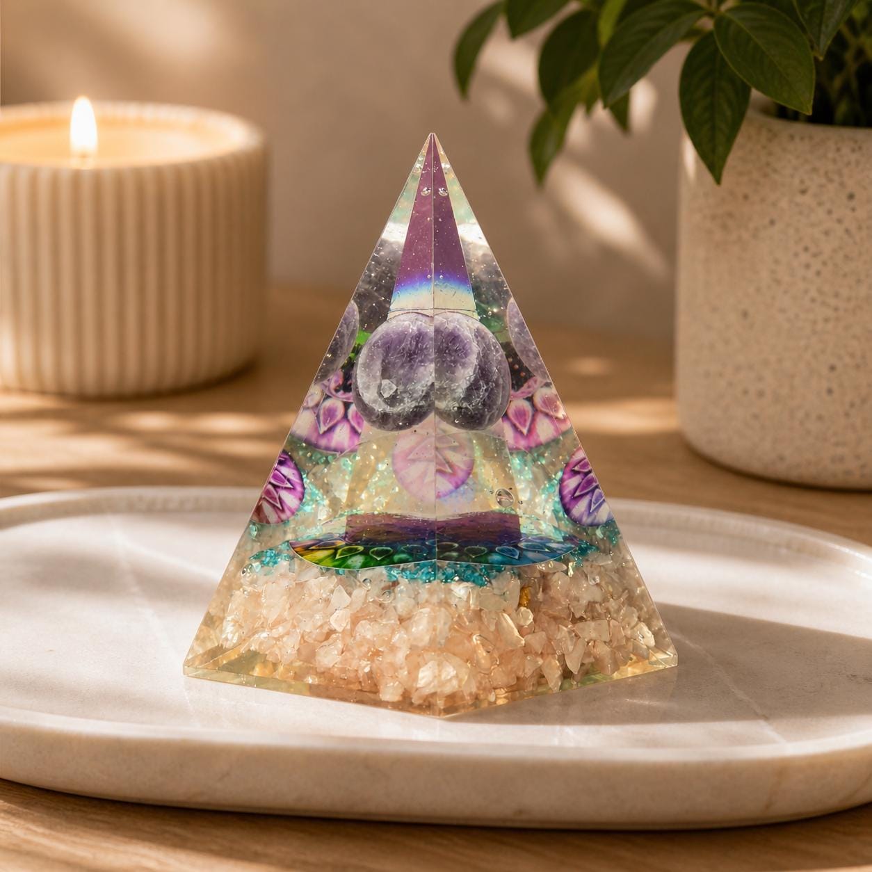 Rose Quartz Orgone Pyramid with Amethyst Sphere | Chakra Energy Décor